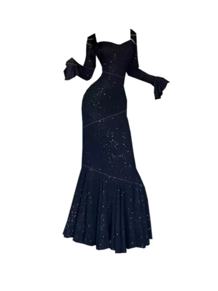 nvxiot Sexy Party Dresses Women Sequins Black Evening Elegant Long Dress Female Flare Sleeve France Vintage Dress Summer 2024