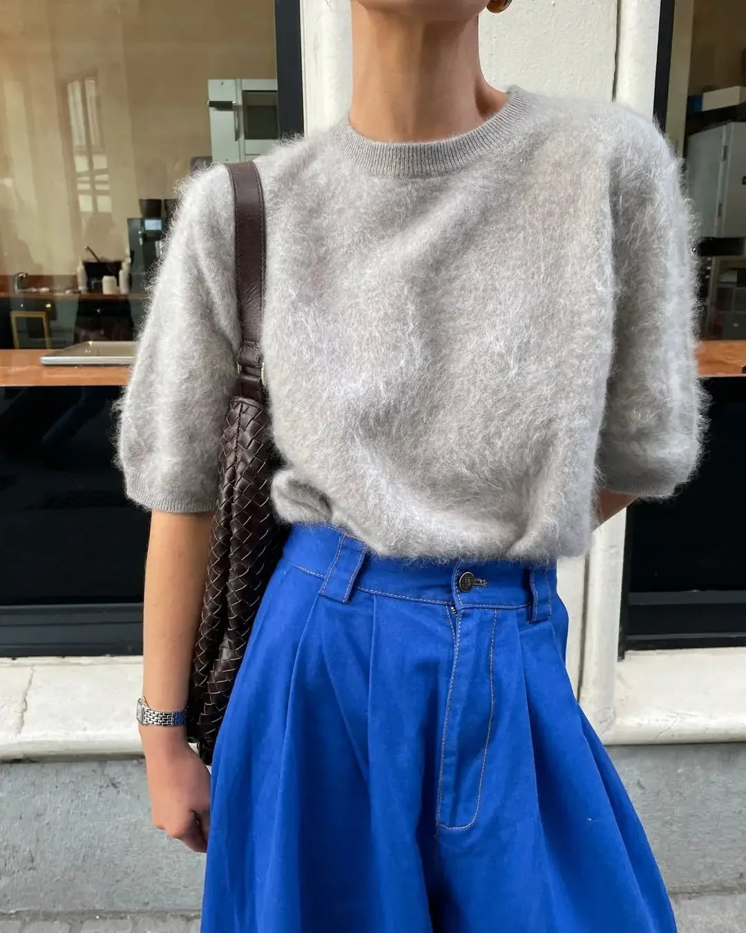 MQTIME  -  Autumn Grey Mohair Chic Short Sleeve O-neck Knit Pullover Women Fashion Knitted Sweater New Female Streetwear Pullovers 2024