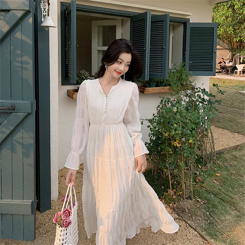 nvxiot-Elegant Chic Women White Midi Dress for Autumn 2023 New Chiffon Puff Long Sleeve V-neck Casual Office Lady Cute Fairy Dress