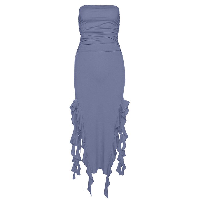 nvxiot Blue Strapless Ruffle Dress Summer Women Sexy Split Slim Fringe Dresses Elegant Sleeveless Backless Vacation Club Party Outfits