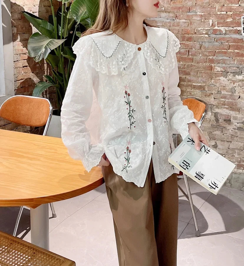 MQTIME  -   New Women Shirt Peter Pan Collar Vintage Style Basic Shirts Petal Sleeve Embroidery Boho Blusas Mujer Cotton Shirts Top