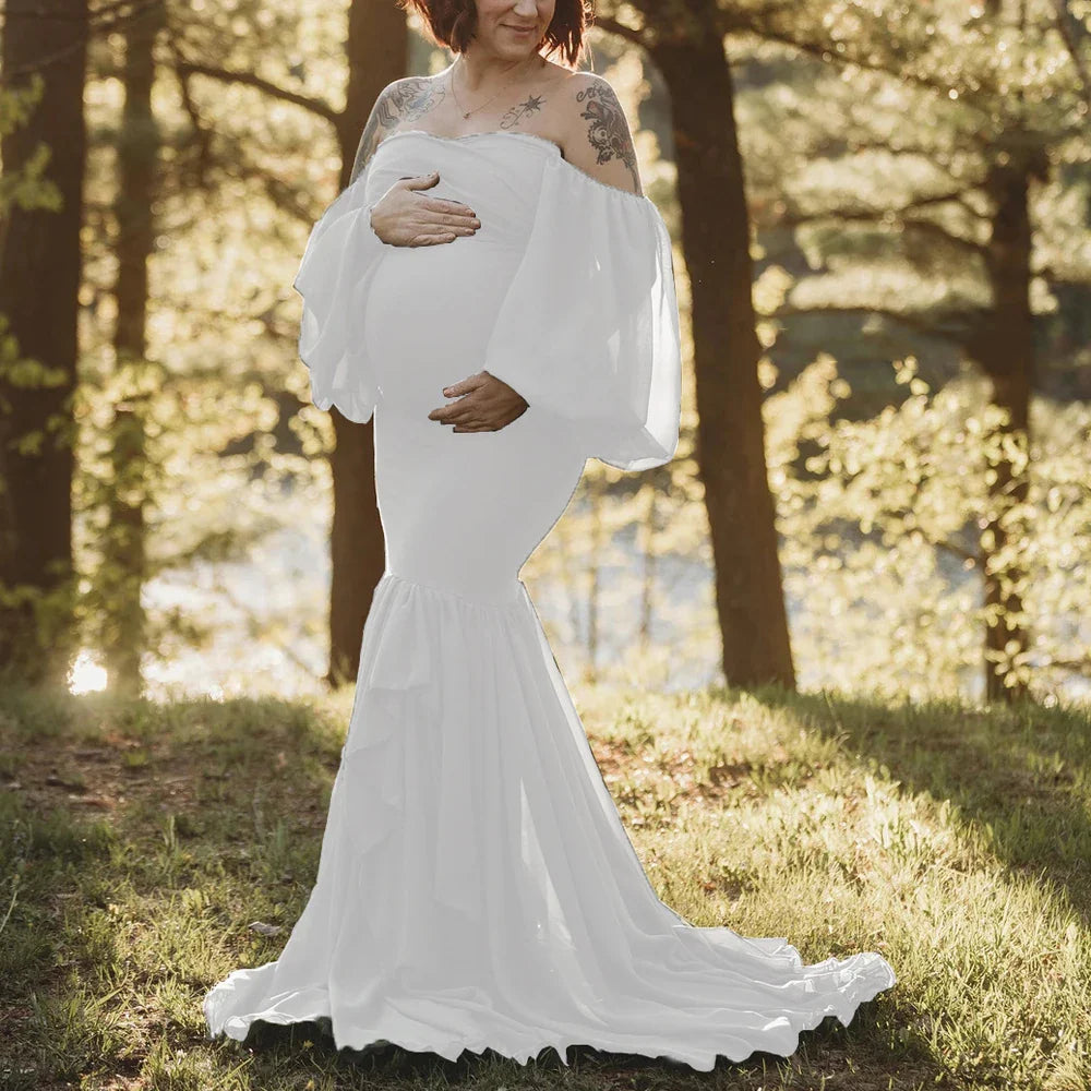 MQTIME  -   Long Chiffon Sleeve Tired Mermaid Maternity Dress for Photoshoot Photography Baby Shower