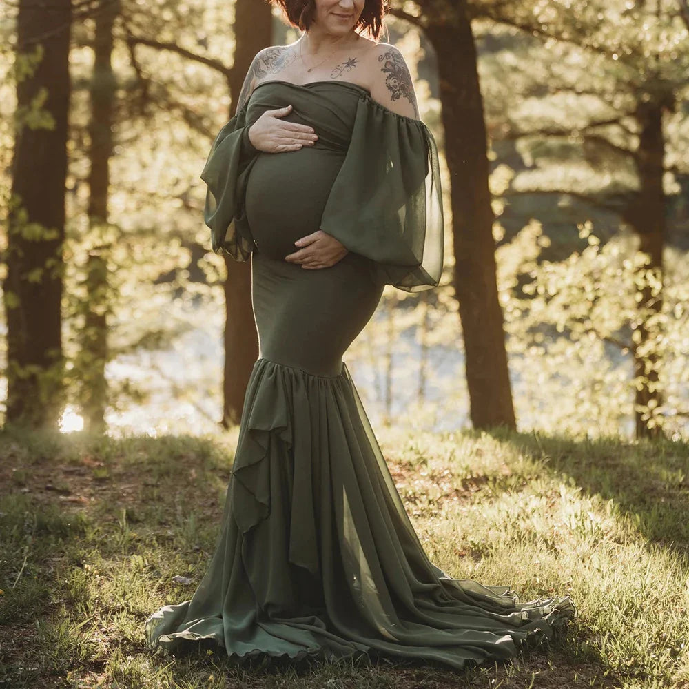 MQTIME  -   Long Chiffon Sleeve Tired Mermaid Maternity Dress for Photoshoot Photography Baby Shower