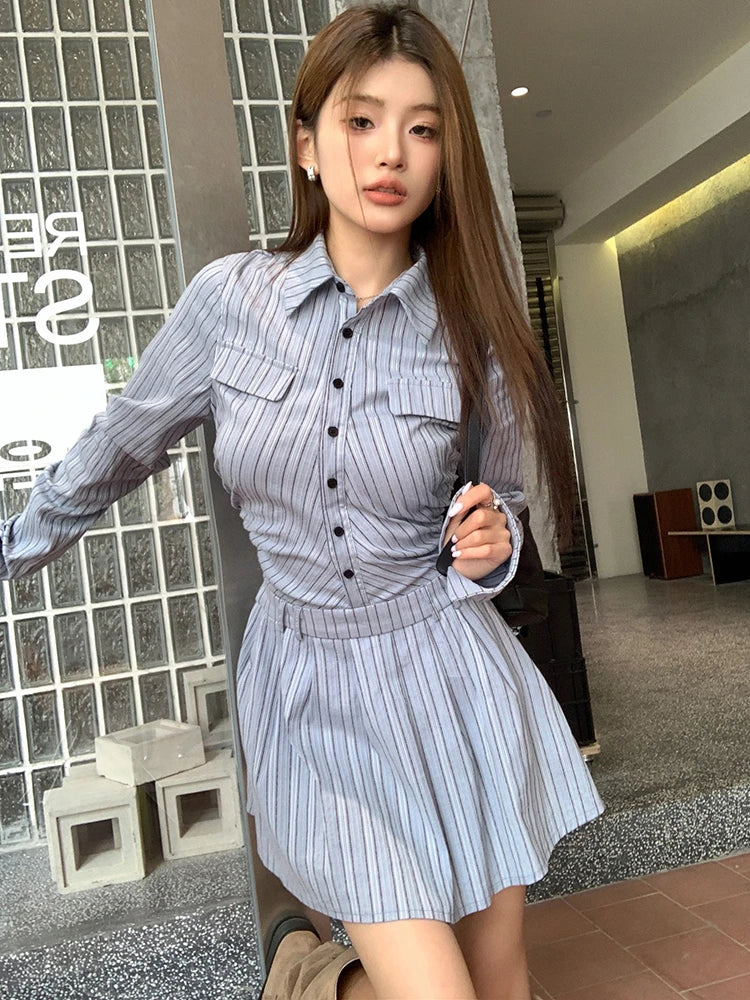 nvxiot-Elegant Vintage Blue Striped Women Mini Dresses Autumn Fashion 2023 New Pleated Long Sleeve Holiday Party Shirt Dress Korean