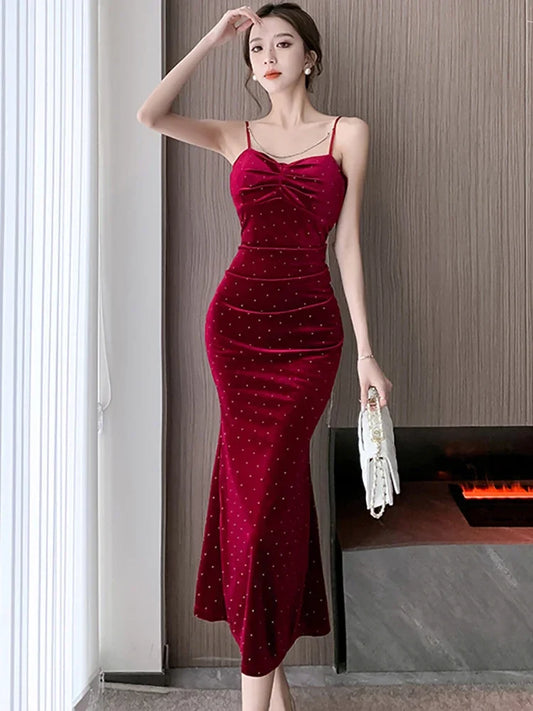 MQTIME  - Women Red Diamonds Polka Dot Velvet Pleated Sling Long Dress 2024 Elegant Dresses for Special Events Autumn Winter Bodycon Dress