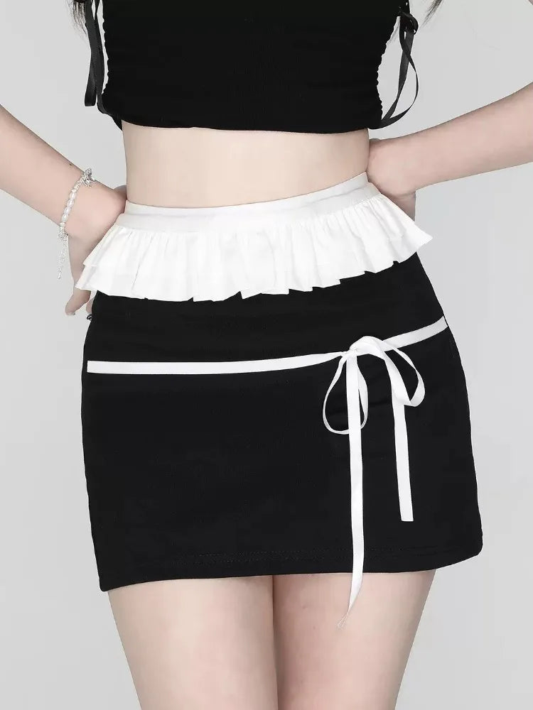 MQTIME  -  Contrast Patchwork Black Skirt for Women Ballet Style Ruffled High Waist Mini Skirt Korean Fashion Cute Summer Clothes