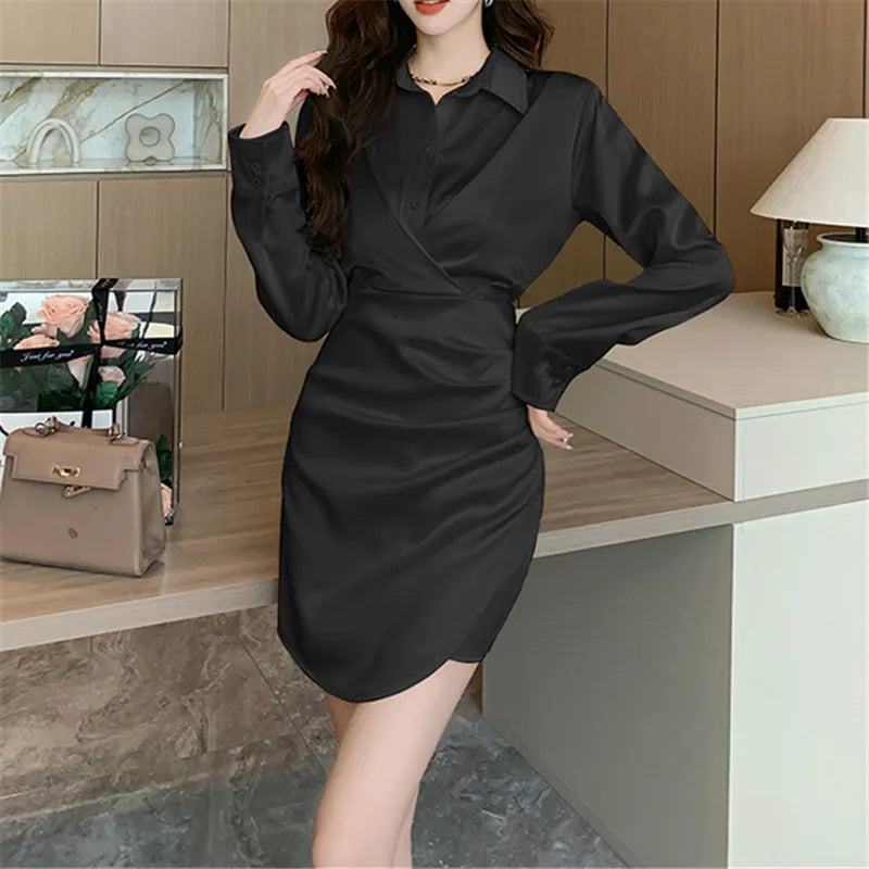 nvxiot-2023 New French Vintage Sexy Satin Mini Dress for Women Long Sleeved V-neck Waist Slim Office Lady Elegant Prom Female Dresses