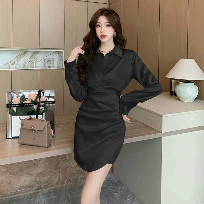 nvxiot-2023 New French Vintage Sexy Satin Mini Dress for Women Long Sleeved V-neck Waist Slim Office Lady Elegant Prom Female Dresses