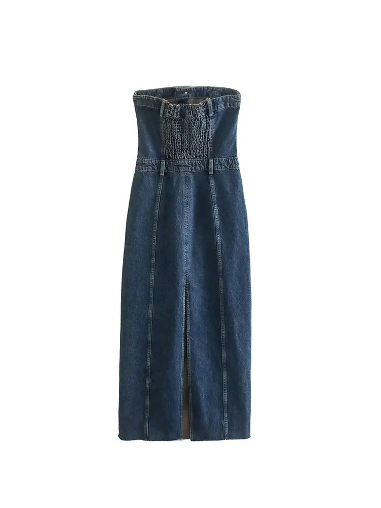 nvxiot  Front Split Hip Wrap Women Denim Dress Elegant Slim Fit Female Sexy Strapless Dress Buttons Bodycon Midi Dresses