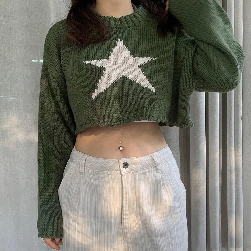 nvxiot - Star Print Autumn O-Neck Knitted Sweater Vintage Solid Basic Casual Slim Short Pullover Korean Fashion Simple Chic Jumpers Tops