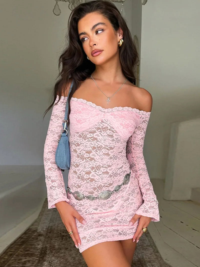 nvxiot New Fashion Slash Neck Long Sleeve Short Lace Dress Streetwear Sexy Summer Off Shoulder See-through Bodycon Pink Evening Dresses