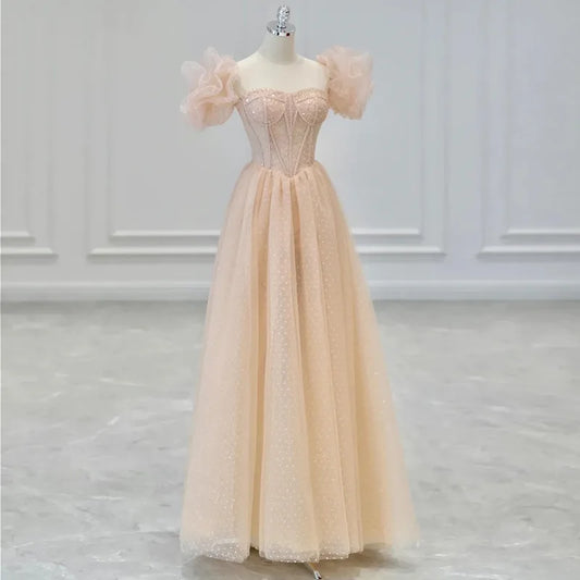 MQTIME  -  Fairy Exquisite Sequins Evening Dress Women Short Sleeve Formal A-Line Prom Tulle Dresses