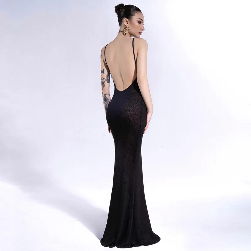 nvxiot Black Elegant Temperament Long Dress for Women Sexy Spaghetti Straps Backless Evening Club Party Dresses Summer Prom Outfits