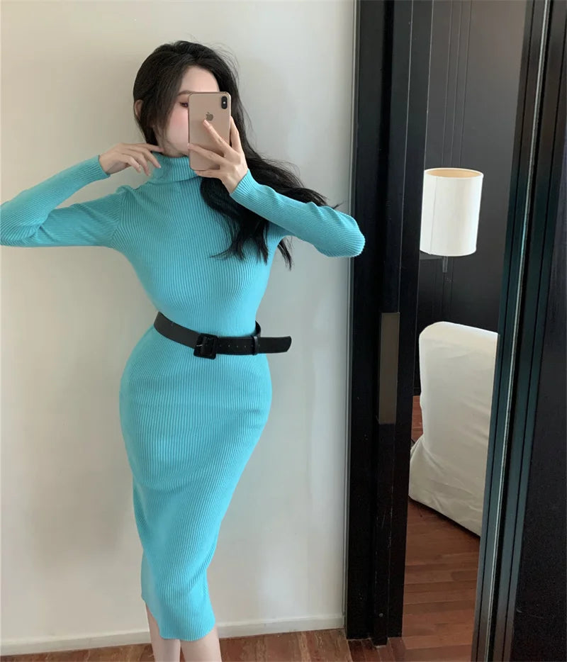 nvxiot autumn winter women solid elegant slim knitted dress korean long sleeve sweater dress office lady midi dress