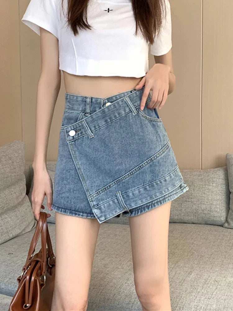 nvxiot Women's Clothing Vintage Irregular Army Green Denim Shorts Summer Streetwear Fashion High Waist A-Line Button Slim Pants Female