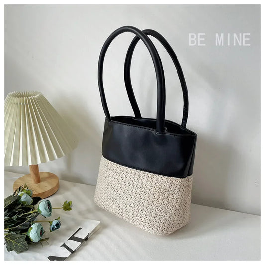 nvxiot New Woven Vegetable Basket Retro Women's Bag Small Design Spliced Grass Woven Bag Hand Bill of Ladle Shoulder Underarm Bag