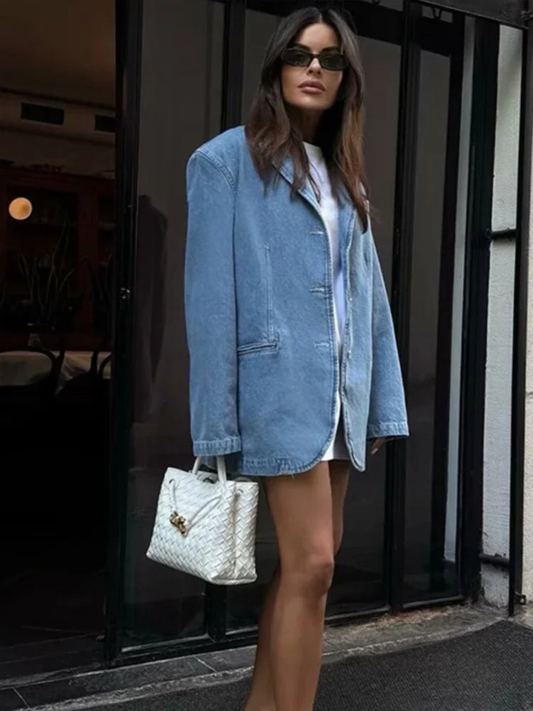 nvxiot  -  Elegant Solid Women Denim Coat Turn-down Collar Single Breasted Loose Female Jacket 2024 Spring Autumn New Fashion Lady Coats