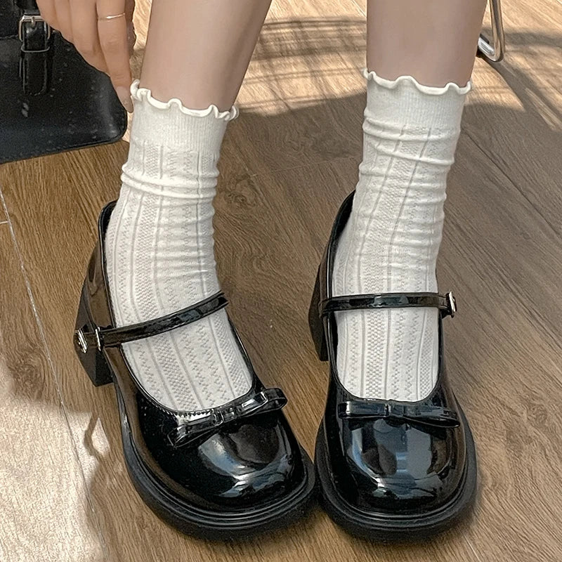 nvxiot Patent Leather Jk Uniform Dress Shoes for Women Vintage Square Heels Mary Jane Shoes Woman Japanese Style Bow Buckle Strap Pumps