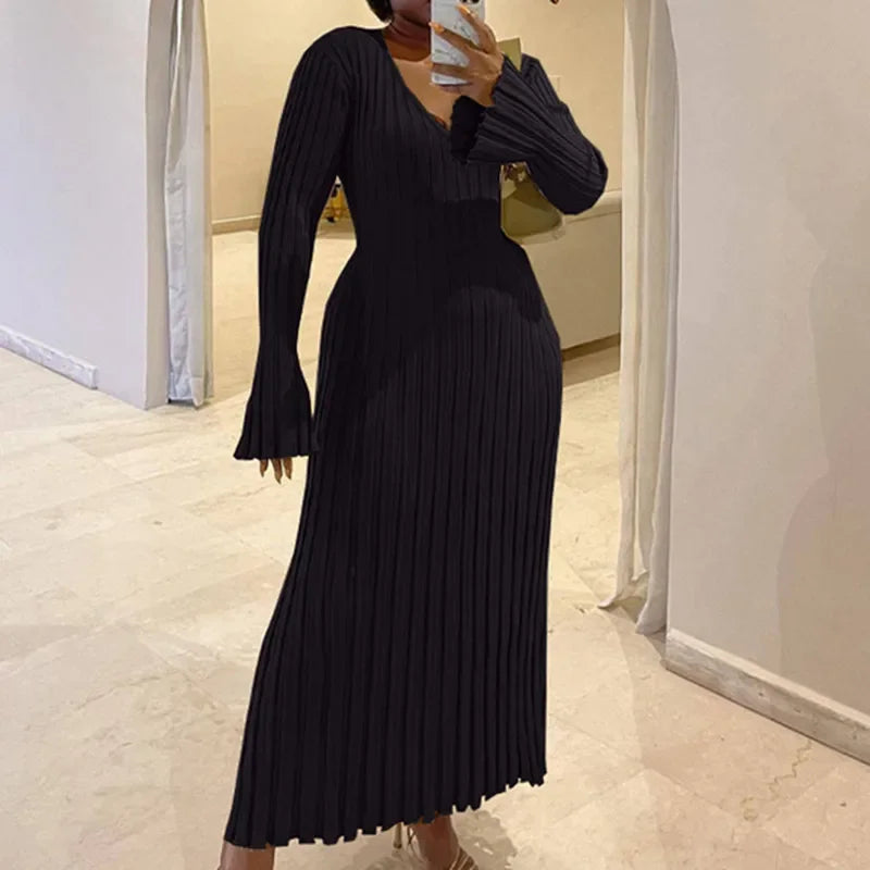 MQTIME  -  Maternity Women Ribbed Knit Maxi Dress Long Sleeve V Neck Slim Fit Bodycon Pencil Long Dress Party Clubwear Baby Show