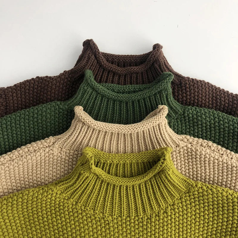MQTIME  -  Winter Korean Style Kids Sweater Vintage Boys Knitwear Solid Turtleneck Girls Sweaters Coat