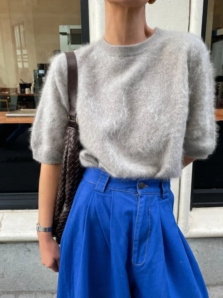 MQTIME  -  Autumn Grey Mohair Chic Short Sleeve O-neck Knit Pullover Women Fashion Knitted Sweater New Female Streetwear Pullovers 2024