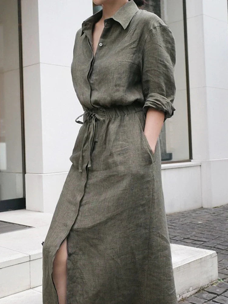 nvxiot Solid Color Lapel Long Sleeve Drawstring Cotton And Linen Loose Woman Dress Casual Fashion 2024 Autumn Dresses New TV144