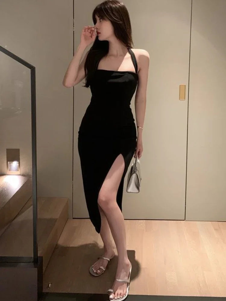 nvxiot-CLUB OUTFITS Black Halter Dresses Women Sexy Streetwear Side-slit Female Temperament Backless Summer Korean Style Casual Fashion Ins Simple