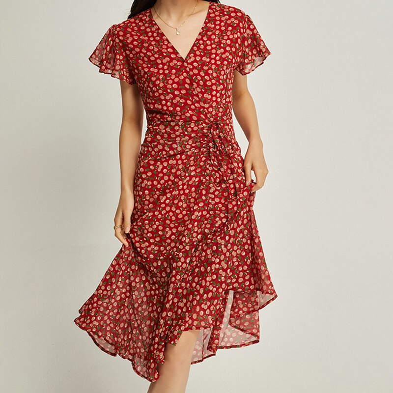 nvxiot floral print women's dress v-neck flying sleeve shirring elegant dresses female 2023 summer fashion new