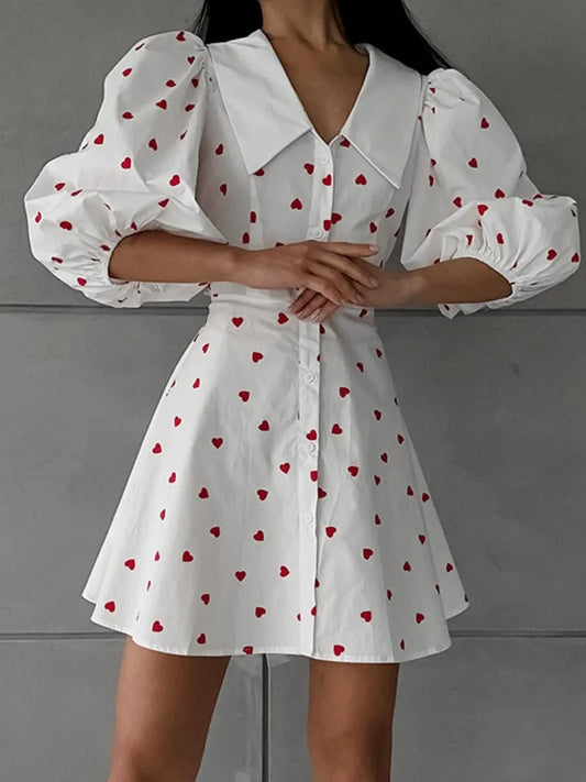 nvxiot Womens Red Loving Heart Print Cotton Dress 2024 Fashion Sweet Girls Single Breasted High Waist Tunics A-line Short White Dresses