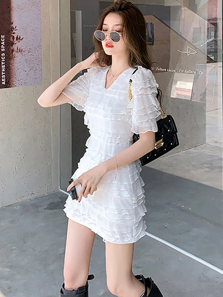 MQTIME  -  Summer White Chic V-Neck Sexy Club Mini Dress Women Fashion Cascading Ruffled Prom Dress 2024 Black Vintage Elegant Party Dress