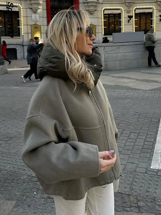 nvxiot Oversized Zipper Hooded Jacket Women Fashion Thicken Patchwork Long Sleeved Coats Autumn Winter Loose Warm Street Outerwear