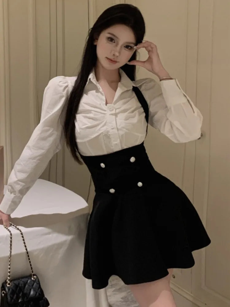 nvxiot Y2K 3 Piece Set Women Cropped Coat + Long Sleeve Shirt + High Waist Halter Ruffles Mini Dress Korean Chic Fashion Sexy Outfits