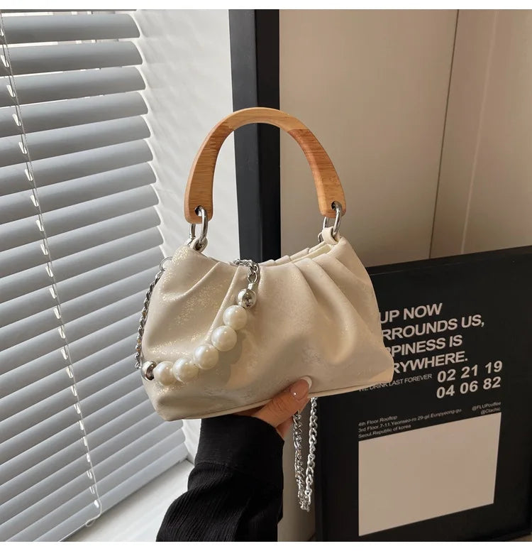 MQTIME  -   Classic Solid Cloud Bags 2024 New Fashion Pu Small Handbags Pearl Chain Underarm Shoulder Bag For Women Daily Trendy Handbag