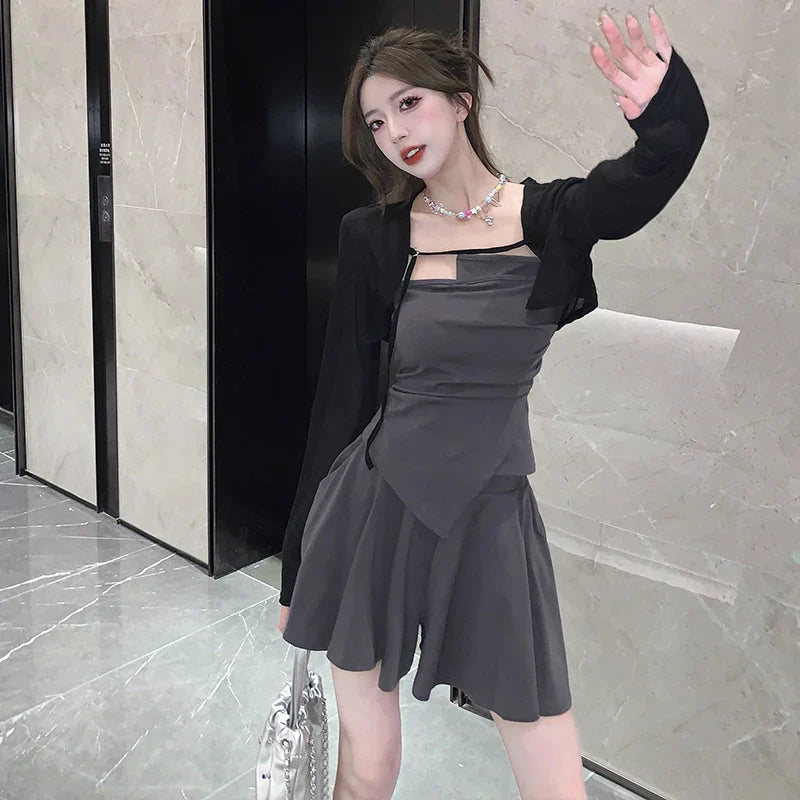 nvxiot-New Autumn Fashion Black Slim Mini Dress for Women Long Sleeved Sunscreen Cardigan Elegant Chic Office Lady Dresses Korean