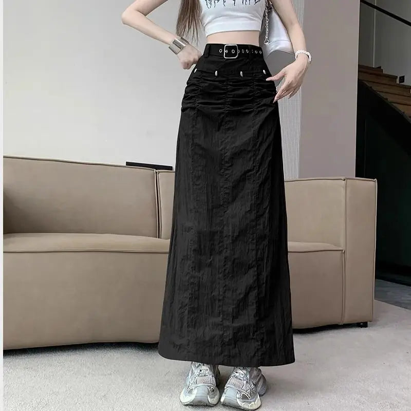 MQTIME  -  American Grey Casual Cargo Skirt Summer High Street Spicy Girl Pleated High Waist Back Split Wrap Hip Slim Long Skirt for Women
