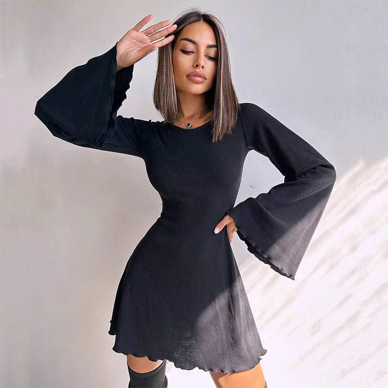 nvxiot Sexy Dresses Nightclub Mini Short Party Dress Women Back Bandage O Neck A Line Flare Sleeves Autumn Vestidos Ladies Fall Robe