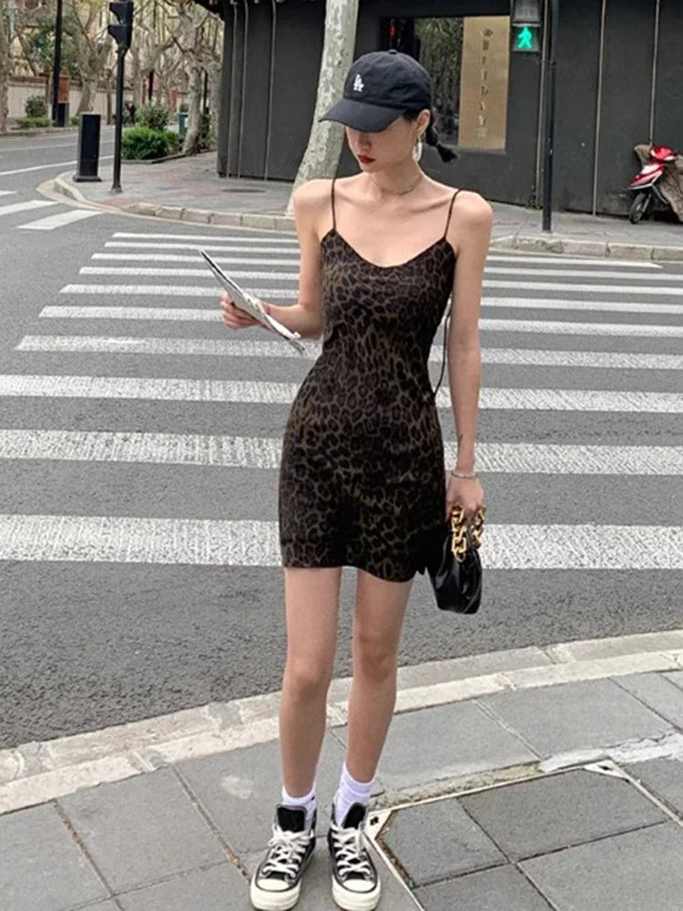 MQTIME  -  2024 Summer New V-Neck Sexy Leopard Pattern Suspender Strap Women's Off Shoulder Slim Fit French Long Dress Bottom Dress