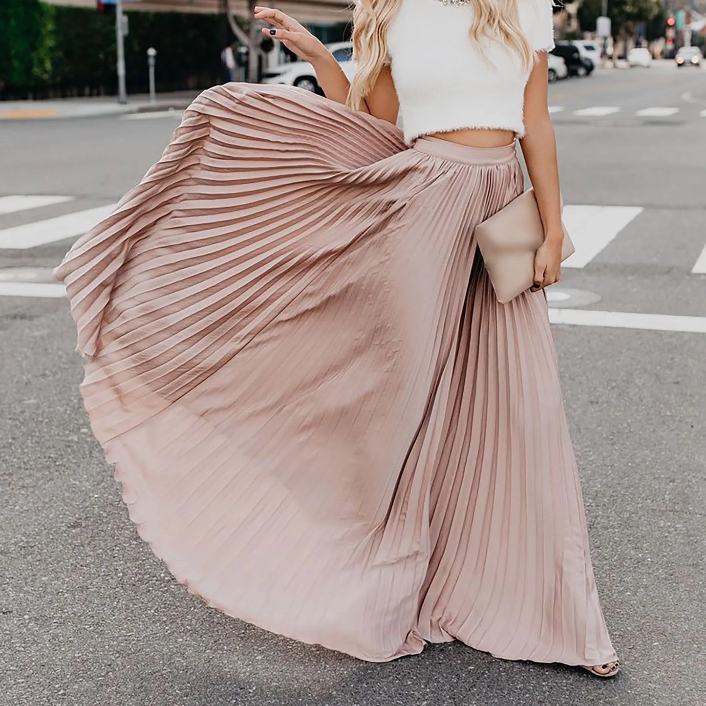 MQTIME  -  Women's Fashion High Waist Big Swing Maxi Skirts Vintage Bohemian Solid Color Pleated Long Skirt Female Holiday Beach Wear