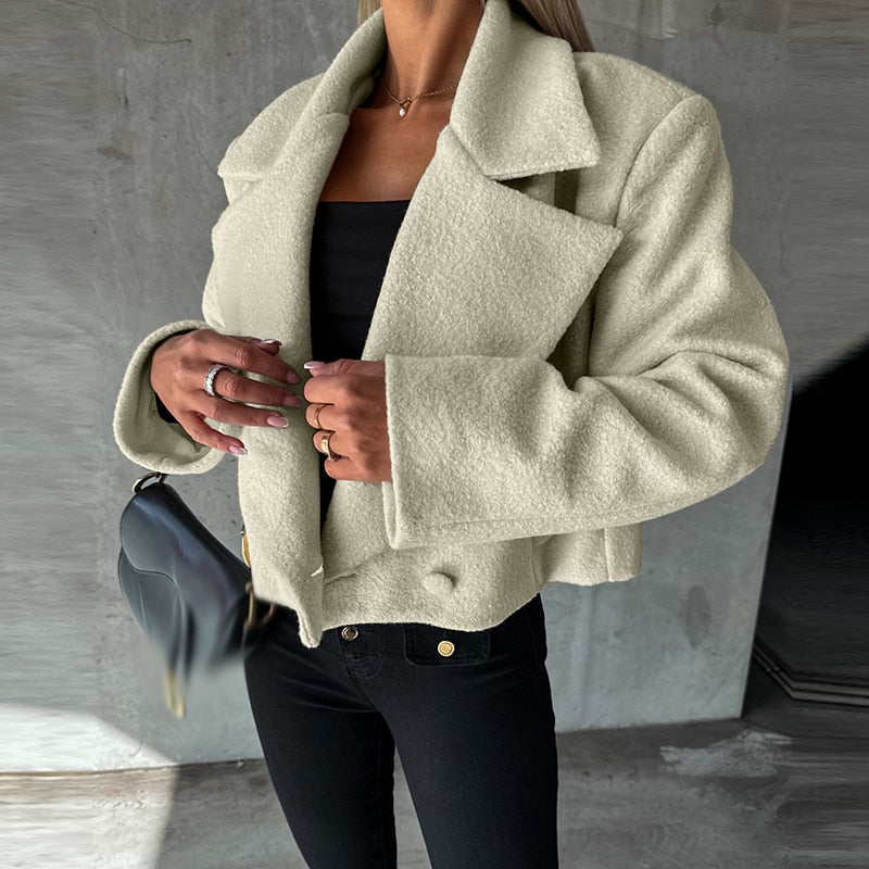 nvxiot Winter Elegant Button Solid Office Outwear Trend Wool Turn-down Collar Coats Autumn Women Casual Long Sleeve Woolen Jackets Top