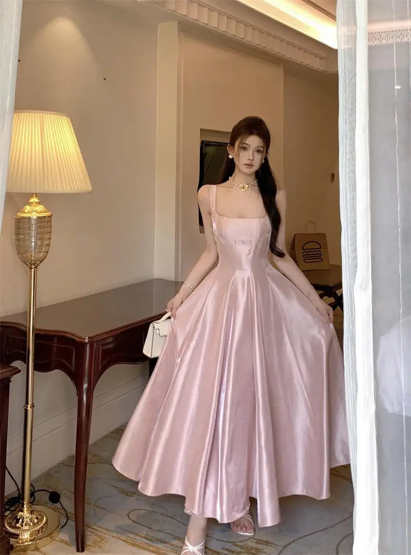 MQTIME  -  Vintage Women Pink Elegant Square Collar Birthday Evening Party Long Dress Summer Backless Vacation Pleated Dress 2024 New Trend