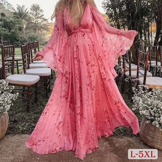 nvxiot -  Plus Size Women Party Dress 5XL Plus Floral Print Ruffled Ladies Maxi Dresses Spring Summer Batwing Wide Sleeve Female Vestido