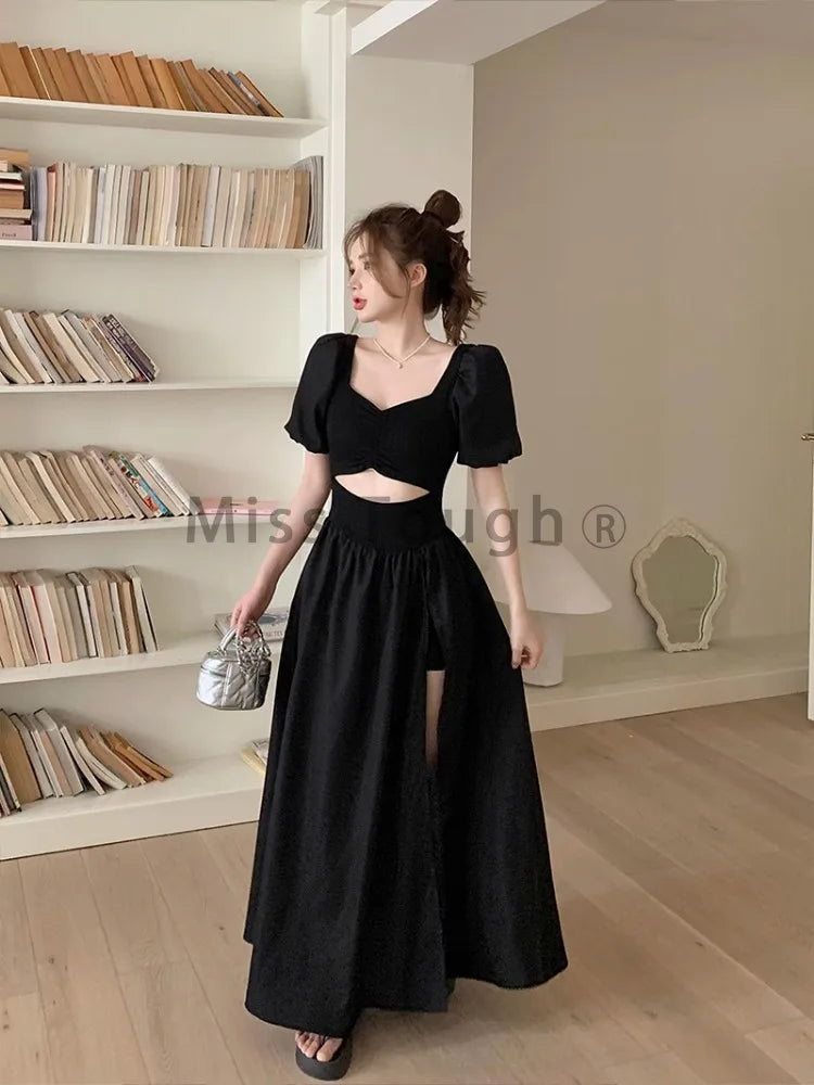 nvxiot Stylish Black French Vintage Elegant Dress Women Hollow Out Design Y2k Midi Dress Female Puff Sleeve Korea Chic Clothes 2024 Summer New