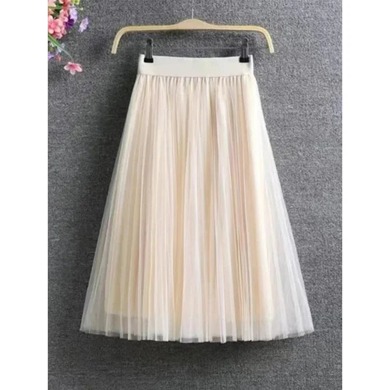 nvxiot stylish dress 2024 Vintage Elegant Skirt Women Streetwear Elastic High Waist Mesh Pleated Skirts Summer Korean A Line Office Ladies Skirt New