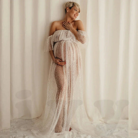 MQTIME  -  Pregnant Women Photography Dress Transparent Mesh Studded Pearl Sequin Two-Piece Set Maternity Photography Props Dress