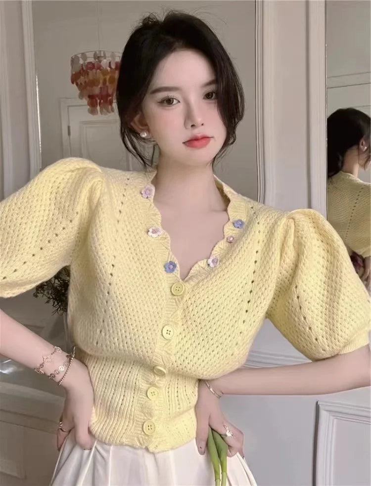 nvxiot  -  2024 Spring/Summer New Women's Slim Fit Bubble Sleeves Short sleeved Knitwear Bright Yellow Sweet Versatile Cardigan Y2K