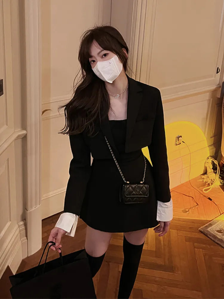 nvxiot-Winter Black Two Piece Dress Set Women Blazer Coat+Strap Dress Set Female Casual Korean Fashion Slim Elegant Dress Suit 2024 New