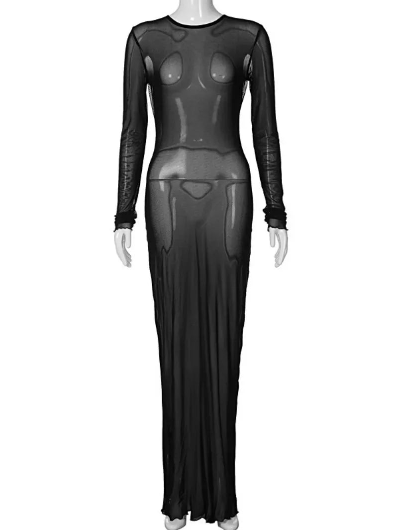 nvxiot Sexy Women Hollow Out Bandage Black Mesh Dress 2024 O-neck Long Sleeve Bodycon Lace-up See-through Party Night Club Dresses