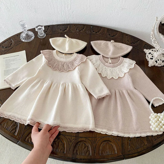 MQTIME  -   New 2024 Autumn Girl's Knitted Dress Children's Sweet Lotus Leaf Collar Sweater A-line Princess Dress Kid's Clothing