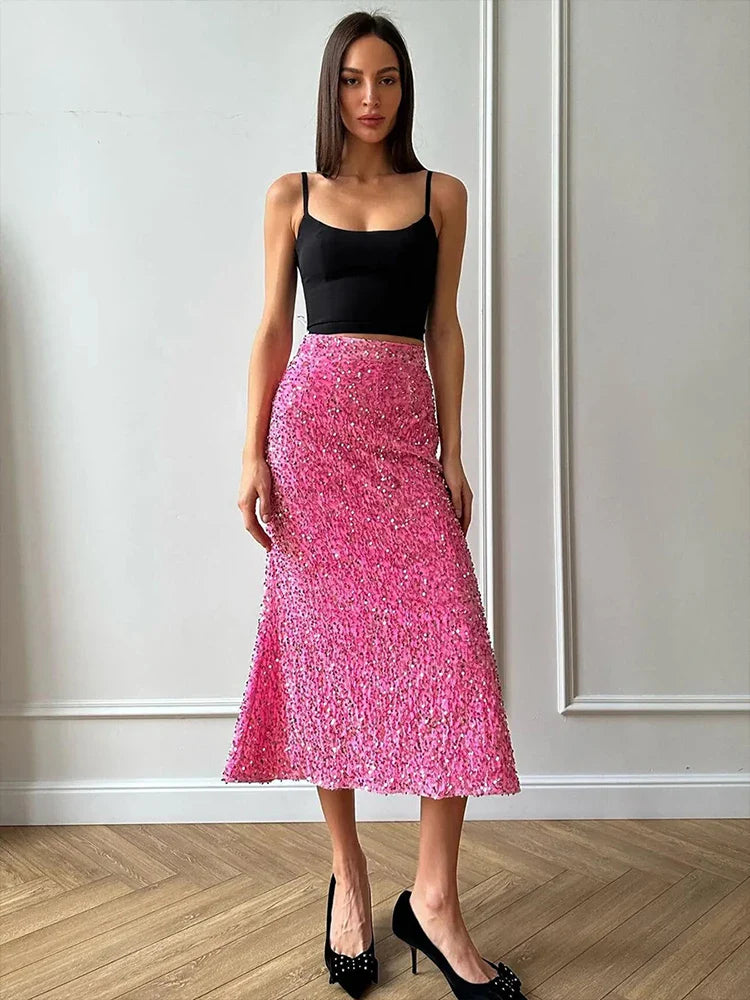 MQTIME  -  2024 Autumn Winter Women Sexy Club Midi Sequined Skirts Bodycon Solid High Waist Pencil Skirt For Women