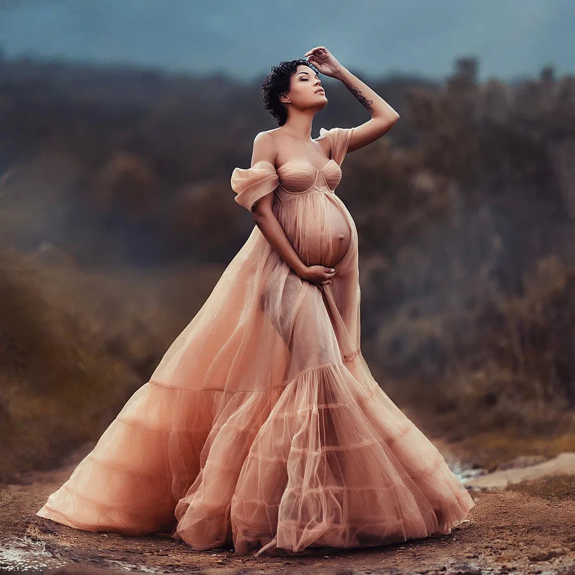 nvxiot Nude Pink See Thru Maternity Dress for Photoshoot Tiered Tulle Pregnant Women Photography Dresses robe grossesse Shooting Photo